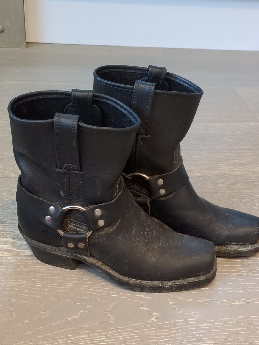 Frye Black Leather Harness Booties with Silver Hardware